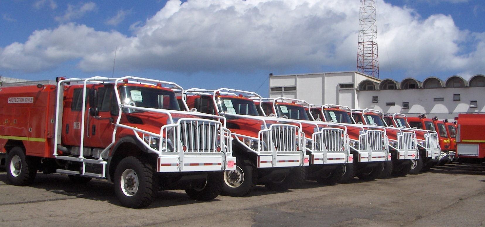 Forest fire trucks lined up in Casablanca, Morocco