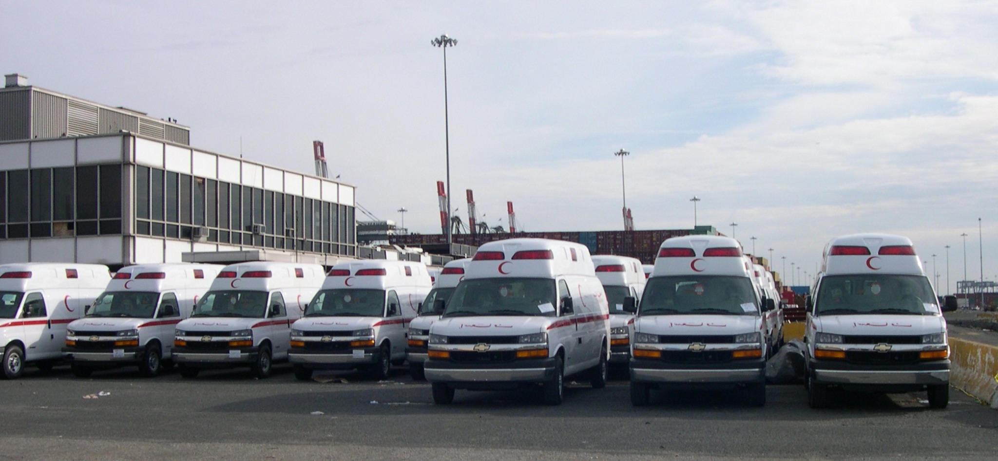 Ambulances awaiting shipment to Iraq at the port